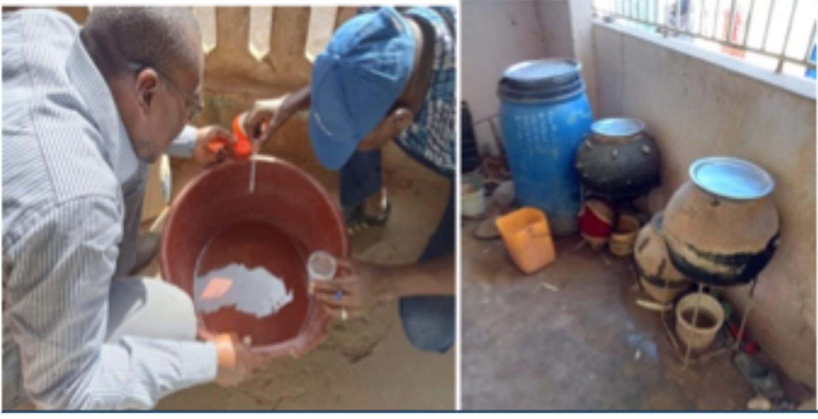 Researchers collecting water samples for mosquito larvae detection, and another image of a setup of water containers