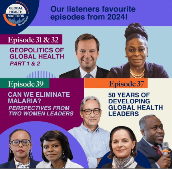 A promotional podcast banner showcasing top Global Health Matters podcast episodes of 2024, featuring discussions on geopolitics, malaria elimination, and leadership development represented by portrait images of each speaker related to each episode