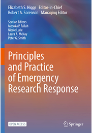 A cover of the book Principles and Practice of Emergency Research Response, with an orange-to-blue gradient background