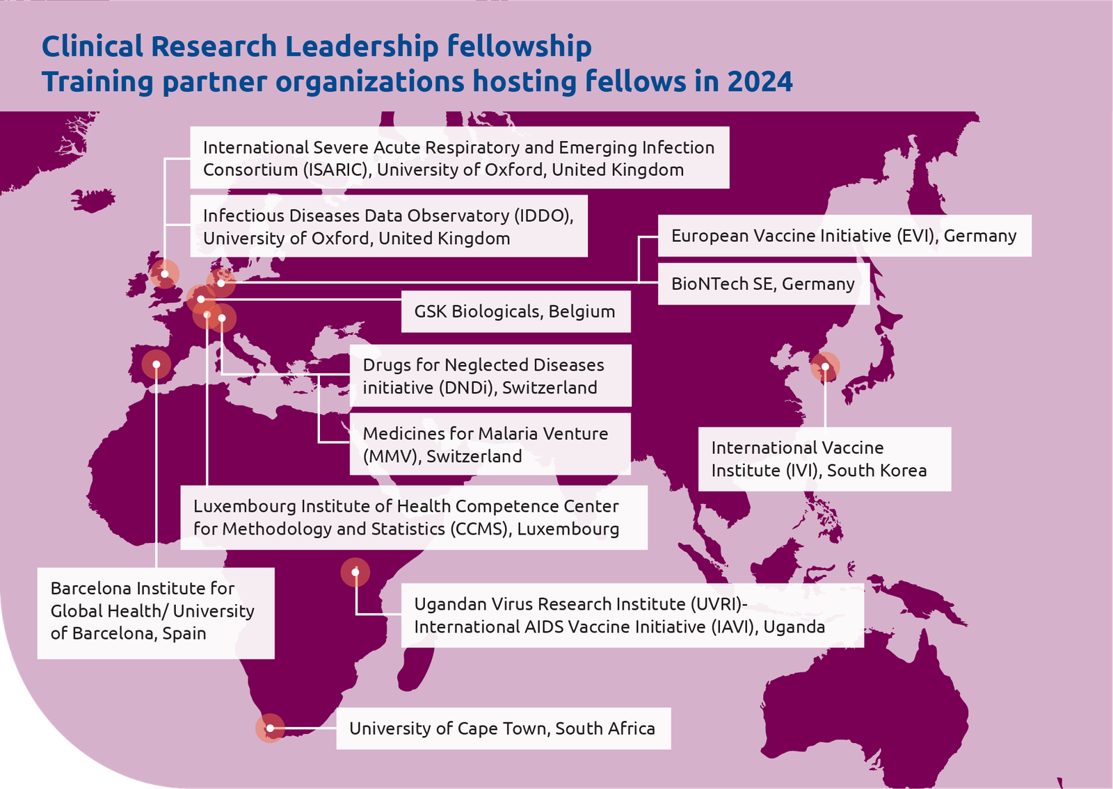 A map highlighting global training partner organizations hosting Clinical Research Leadership fellows in 2024, including universities and research institutions across multiple regions