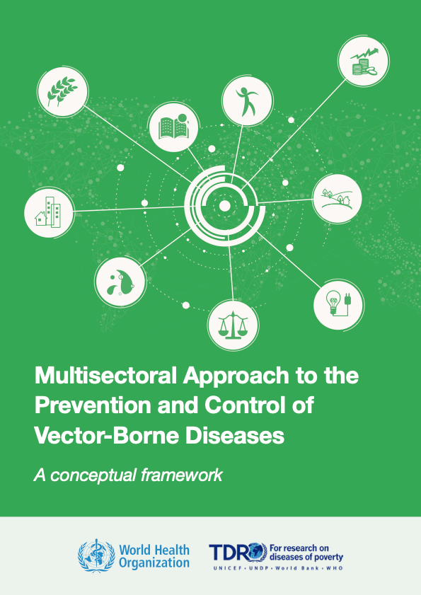 Cover of TDR publication on the "Multisectoral Approach to the Prevention and Control of Vector-Borne Diseases" framework, featuring interconnected icons representing various sectors