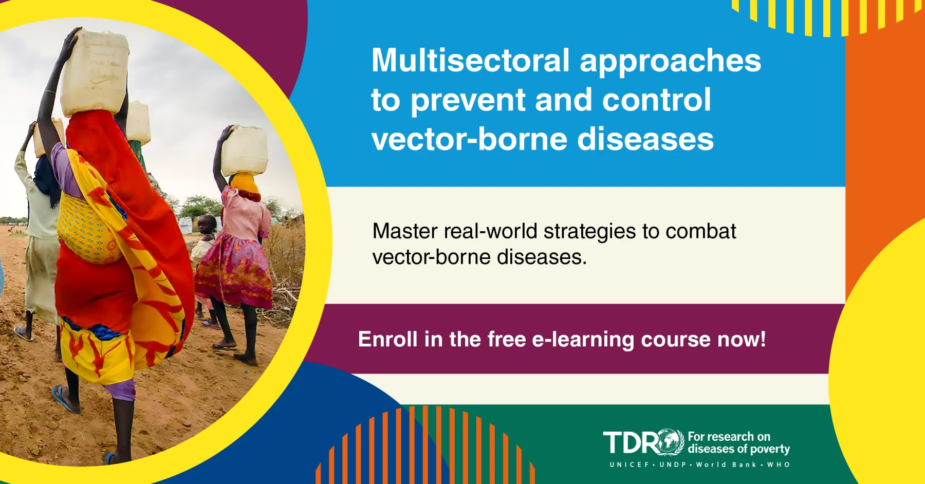 A promotional banner for an e-learning course on multisectoral approaches to preventing and controlling vector-borne diseases. It is vibrant using abstract shapes and bright colours, featuring an image of four women carrying bags on their heads, walking with a young girl outlined