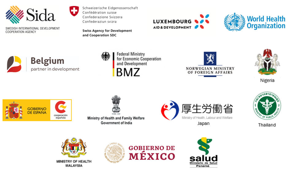 A collection of logos from major global health funding organisations, including the Gates Foundation, USAID, UNDP, CDC, and others
